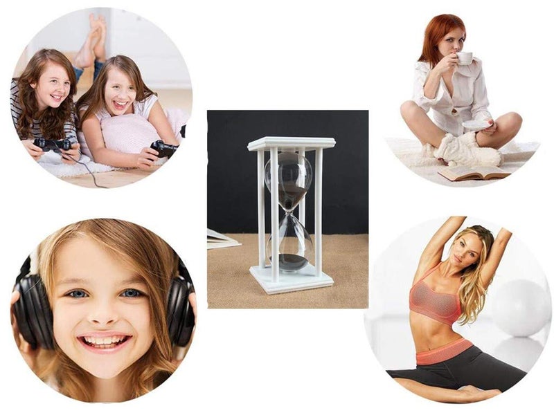 Lodunsyr Hourglass Timer for 60 Minutes Sandglass Timer for Kitchen Living Room Home Office Desk Bedroom Party Festival Coffee Table Book Shelf School Game Sand Timer Clock (White Frame Black Sand) - Image 4